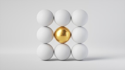 3d render, abstract minimalist geometric background. Matrix of white balls and central gold ball
