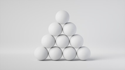3d render, abstract minimalist geometric background. Pile of white balls, triangular pyramid
