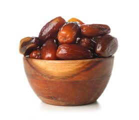 Bowl with dried dates for Ramadan on white background