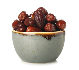 Bowl with dried dates for Ramadan on white background