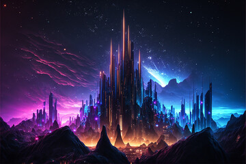 Vibrant, astral, dreamy illustration, stars, nebula, surreal futuristic metropolis, neon fantasy city. AI generative illustration