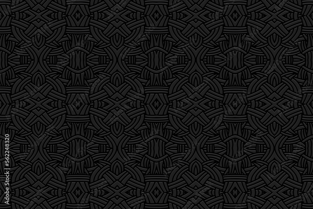 Embossed black background, ethnic cover design. Press paper, boho style. Geometric actual abstract 3d pattern. Tribal ornamental motifs of the East, Asia, India, Mexico, Aztecs, Peru.