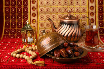 Plate with dried dates and prayer beads for Ramadan on mat, closeup