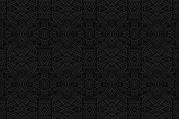Embossed black background, ethnic cover design. Press paper, boho style. Geometric actual abstract 3d pattern. Tribal ornamental motifs of the East, Asia, India, Mexico, Aztecs, Peru.