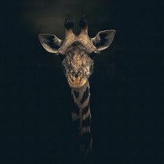Close-up of a giraffe isolated on clean dark background, looking at the camera as if to say You...