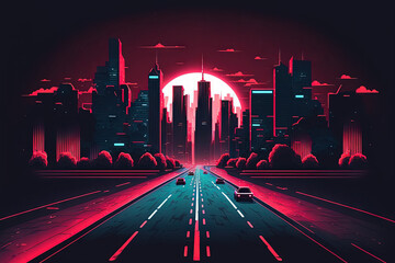 cityscape with a roadside light trail in red and light blue. Concept of a nighttime metropolis, downtown, or town with dazzling neon lighting. Generative AI