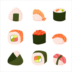 Set for sushi. Different types of sushi and rolls. Traditional Japanese roll, with tobiko caviar, original with Philadelphia cheese and soy sauce, salmon and king prawns. Vector illustration