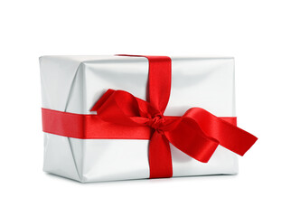 Gift box with beautiful bow isolated on white background. Valentine's Day celebration