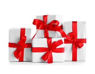 Gift boxes with beautiful bows isolated on white background. Valentine's Day celebration