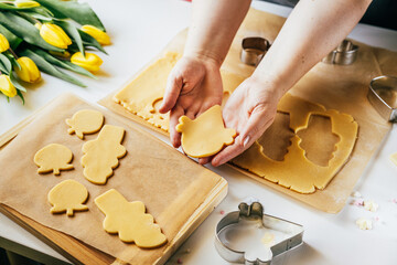 Female hands cutting pastry dough into lolly ice cream shape while making sugar cookies. Close up. Summer concept. Home backing
