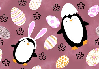 Easter eggs spring seamless animals penguin with rabbit ears cartoon pattern for wrapping paper and fabrics