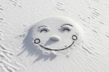 Happy smiley face drawn on snow, created with Generative AI technology