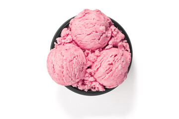 Strawberry ice cream scoops in cup isolated on white background
