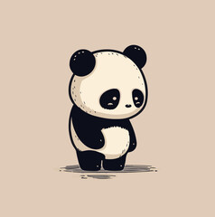 Image of little cute baby panda in chibi style - standing with shadow minimal. Adorable animal that eats bamboo leaves. Flat vector illustrations isolated © Stephanie