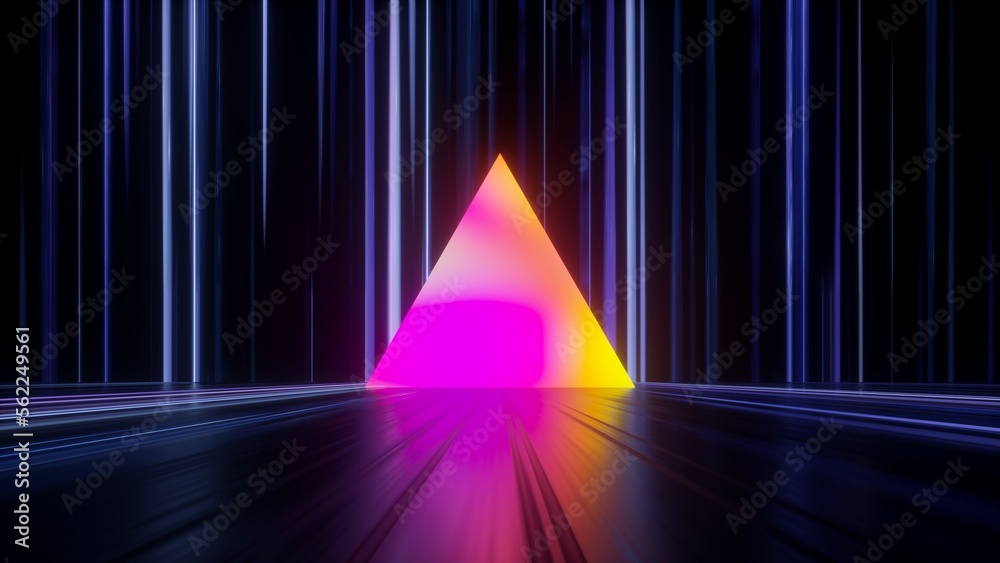 Sticker 3d render, abstract neon background with colorful triangle shape in the dark room with floor reflect