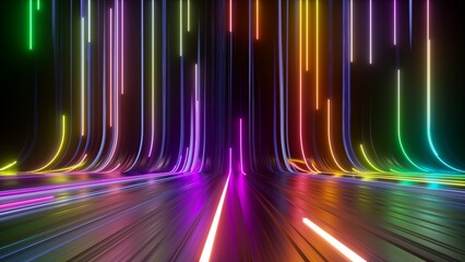 3d rendering, abstract neon background with colorful spectrum. Modern wallpaper with glowing vertical lines