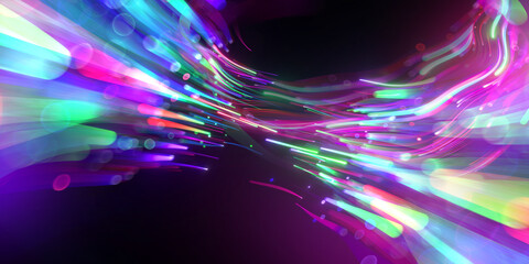 3d render, abstract colorful neon background. Speed of light, motion blurry lines and bokeh lights. Digital wallpaper © NeoLeo