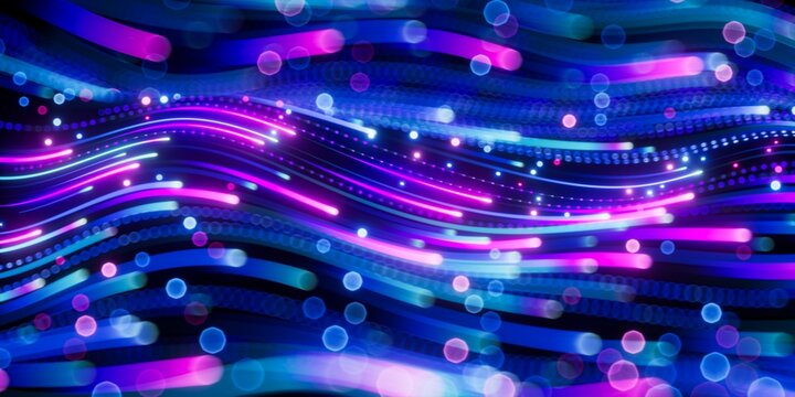 3d render, abstract background with pink blue neon lines glowing in ultraviolet light, and bokeh lights. Data transfer concept. Digital futuristic wallpaper