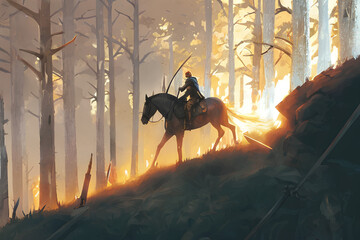 The knight riding a horse through the fire forest, digital art style, illustration painting