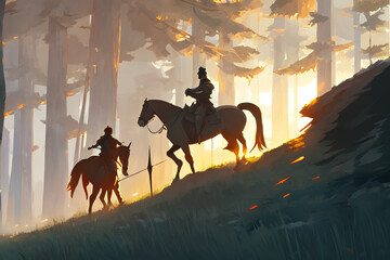 The knights riding a horse through the forest, digital art style, illustration painting