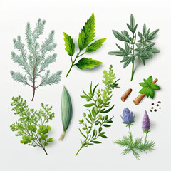 Ai-Generated Realistic Render of Isolated Herbs on a White Background