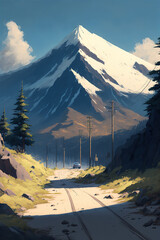 mountain scene with a dirt road in the foreground, scenery, art illustration
