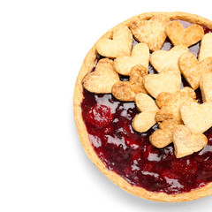 Sweet strawberry pie with cookie hearts for Valentine's day isolated on white background