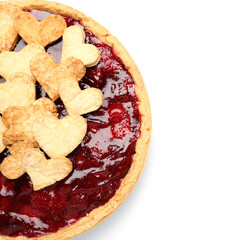Sweet strawberry pie with cookie hearts for Valentine's day isolated on white background