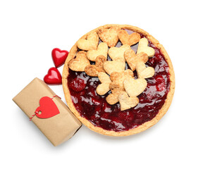 Sweet strawberry pie with cookie hearts and gift for Valentine's day isolated on white background