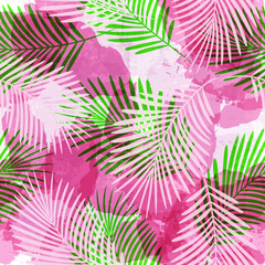 Fototapeta premium Tropical pattern, Exotic print, pink watercolor palm leaves, seamless vector background. Leaves of palm tree, jungle print on brush stains
