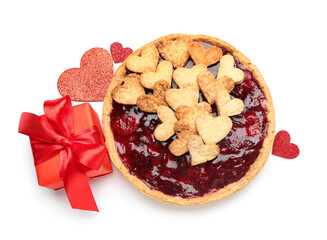 Sweet strawberry pie with cookie hearts and gift for Valentine's day isolated on white background