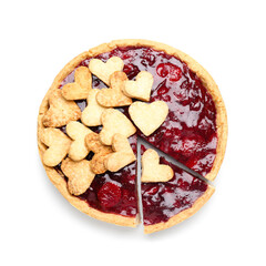 Sweet strawberry pie with cookie hearts for Valentine's day isolated on white background