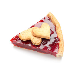 Piece of sweet strawberry pie with cookie hearts for Valentine's day isolated on white background
