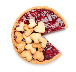 Sweet strawberry pie with cookie hearts for Valentine's day isolated on white background