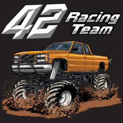 Mega Truck racing splash isolated on black background, for graphic design, screen print, DTG, DTF, poster and business elements. © wendy
