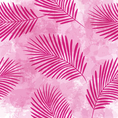 Tropical pattern, Exotic print, pink watercolor palm leaves, seamless vector background. Leaves of palm tree, jungle print on brush stains