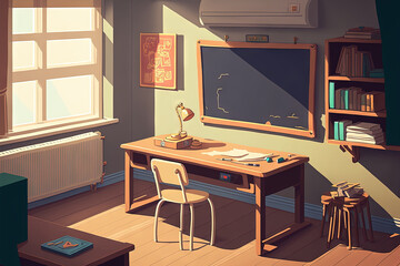 School classroom interior with desk and projector. Generative AI