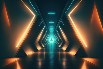 Spaceship corridor in the shape of a triangle. futuristic light filled tunnel futuristic corporate, scientific, and interior backgrounds. Generative AI