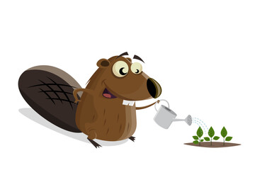 funny cartoon beaver watering small plants - obrazy, fototapety, plakaty