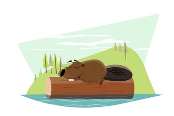 funny cartoon beaver sleeping on a tree log © shockfactor