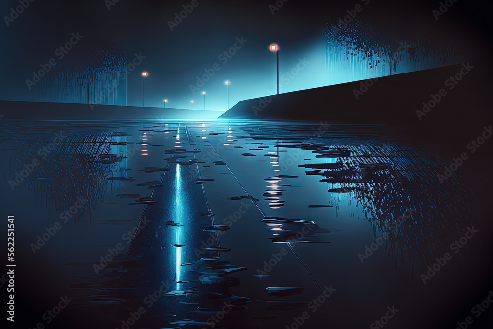 Wall mural Wet asphalt, a dark street, and sunray reflections in the water. Smoke and pollution, with a dark blue abstract background. Neon lights, spotlights, and a pitch black environment. Cement flooring