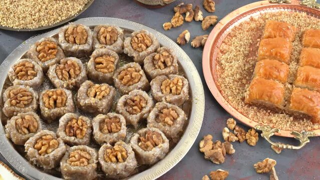 Traditional turkish baklava pistachio pastry. Dilberdudagi, ozel kesim baklava, cikolatali baklava, fistikli baklava, katmer, fistikli kadayif, kattafi, fistik sarma, soguk baklava, midye baklava, cev
