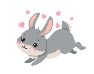 Rabbit in love. Forest dweller with hearts. Toy or mascot for children. Stieker for social networks and reaction for instant messengers. Romance and tenderness. Cartoon flat vector illustration