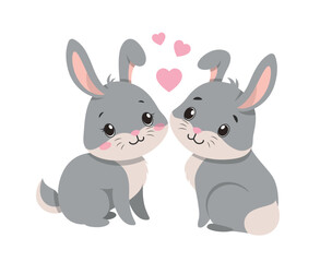 Rabbit in love. Poster or banner for website. Love and romance, happy animal family. Wild life and nature, forest dwellers. Invitation and greeting postcard design. Cartoon flat vector illustration
