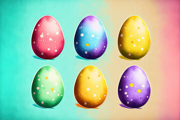 Colored easter eggs repeated on a smooth watercolor background. Generative AI