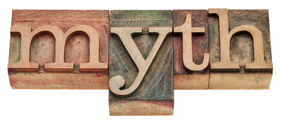 myth - isolated word in letterpress wood type printing blocks stained colorful inks on transparent background