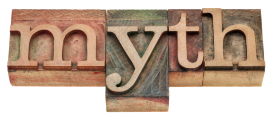 myth - isolated word in letterpress wood type printing blocks stained colorful inks on transparent background