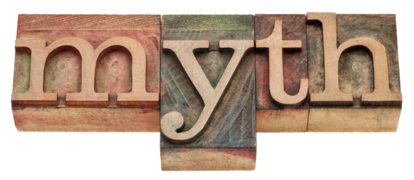 myth - isolated word in letterpress wood type printing blocks stained colorful inks on transparent background