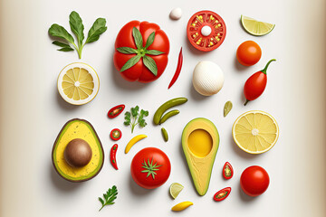 Creative layout made of avocado, onion, tomatoes, pepper and lemon. Flat lay. Food concept. Vegetables isolated on white background. Generative AI