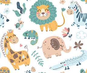 Scandinavian africa seamless pattern. Repeating design element for printing on fabric. Tropical and exotic animals, wildlife. Lion, giraffe, zebra and crocodile. Cartoon flat vector illustration